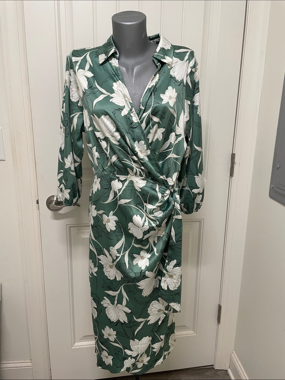 NAIF Green Floral Faux-Wrap Midi Dress with White Blooms